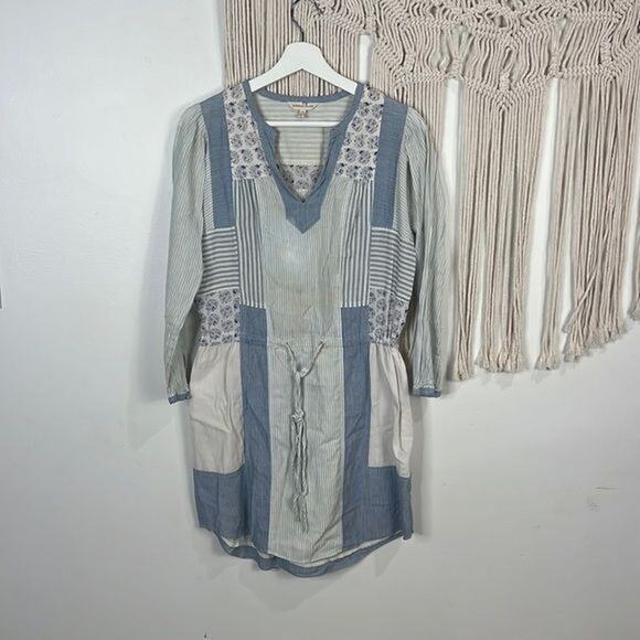 Rebecca Taylor Long Sleeve Cotton Mini Dress Sz 0 Blue/White patchwork Cottage - Picture 1 of 5